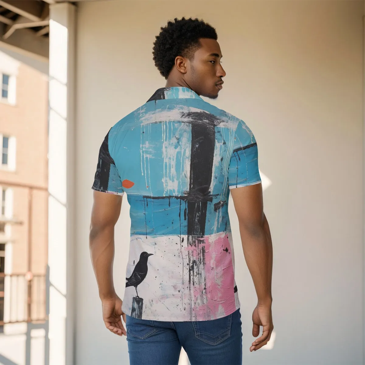 All-Over Print Men's Shirt j8 abstract, blue, white, and pink