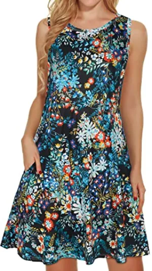 Black Blue Lantern Summer Dresses for Women Beach Floral Tshirt Sundress Sleeveless Pockets Casual Loose Tank Dress - elescat