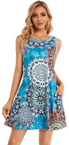 Black Blue Lantern Summer Dresses for Women Beach Floral Tshirt Sundress Sleeveless Pockets Casual Loose Tank Dress - elescat