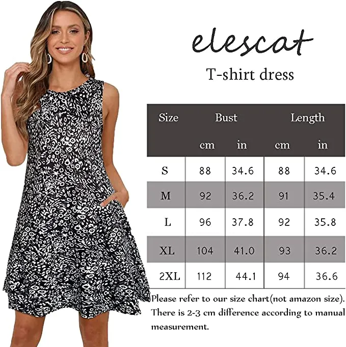 Black Blue Lantern Summer Dresses for Women Beach Floral Tshirt Sundress Sleeveless Pockets Casual Loose Tank Dress - elescat