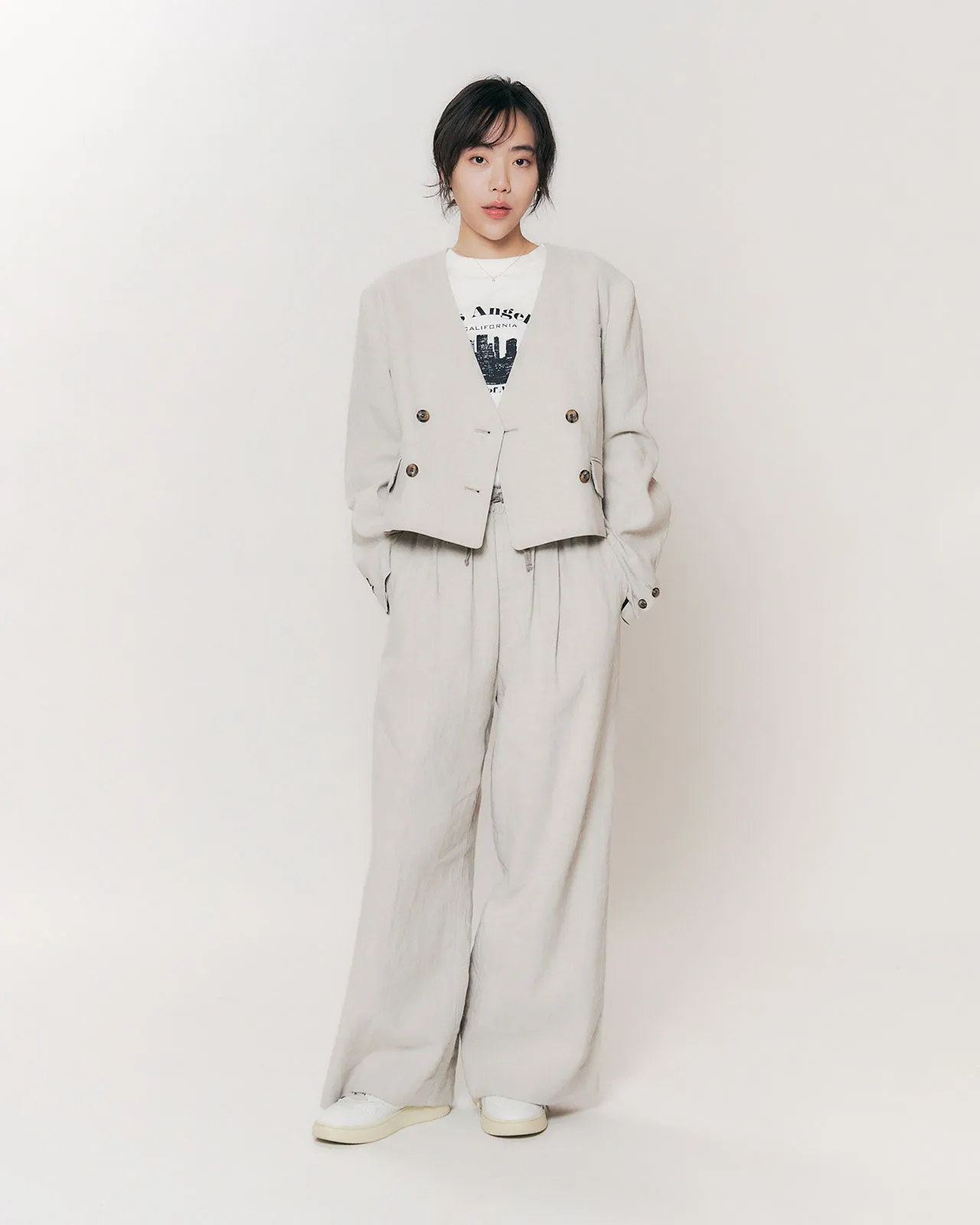 COTTON LINEN TACK WIDE PANTS