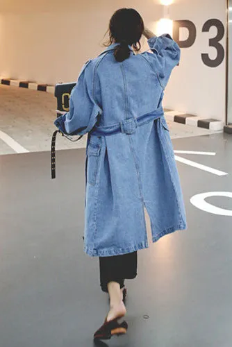 Cowboy Style Button Decorate Strap Belt Loose Long Coat
