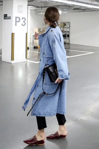 Cowboy Style Button Decorate Strap Belt Loose Long Coat