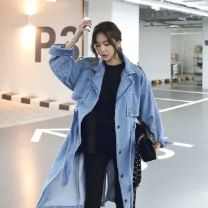 Cowboy Style Button Decorate Strap Belt Loose Long Coat