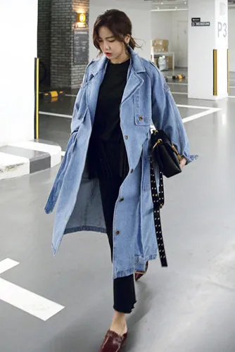 Cowboy Style Button Decorate Strap Belt Loose Long Coat
