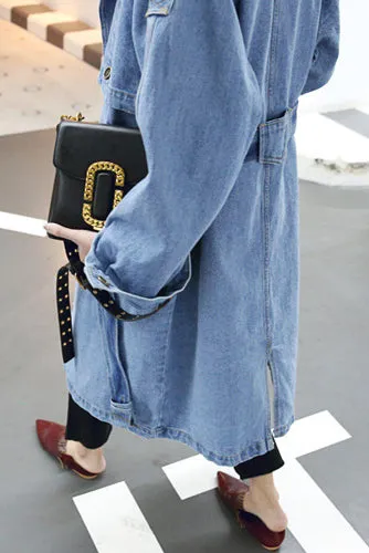 Cowboy Style Button Decorate Strap Belt Loose Long Coat