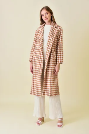 Elegant Long Sleeve Houndstooth Long Coat RUST/IVORY