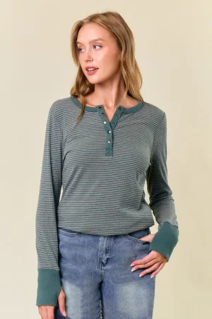 Forest Green Erin Striped Thumbhole Henley Top