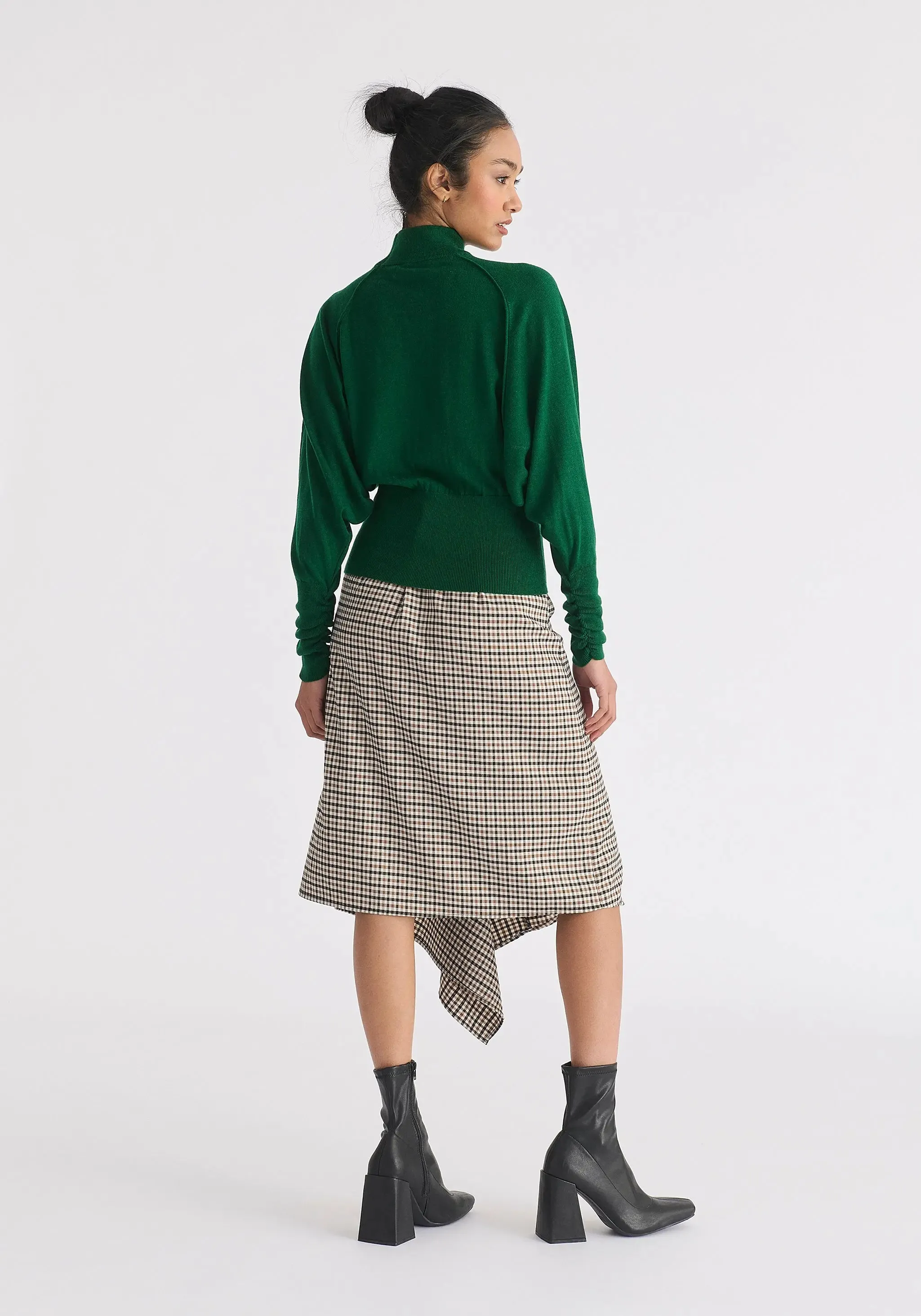 Green Mock Neck Batwing Jumper With Ruched Cuffs