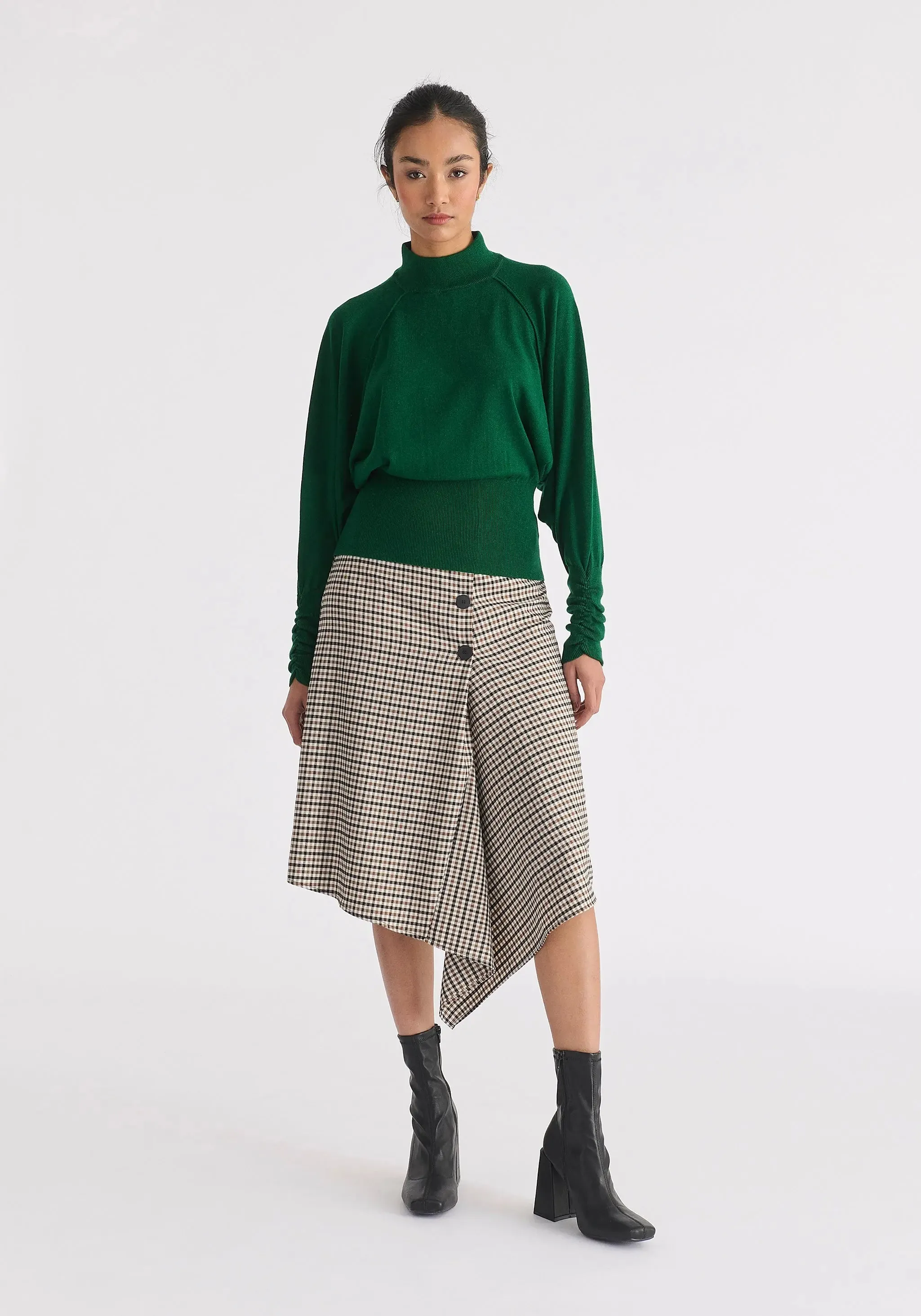 Green Mock Neck Batwing Jumper With Ruched Cuffs