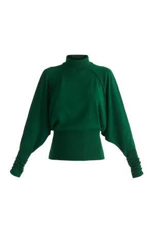 Green Mock Neck Batwing Jumper With Ruched Cuffs