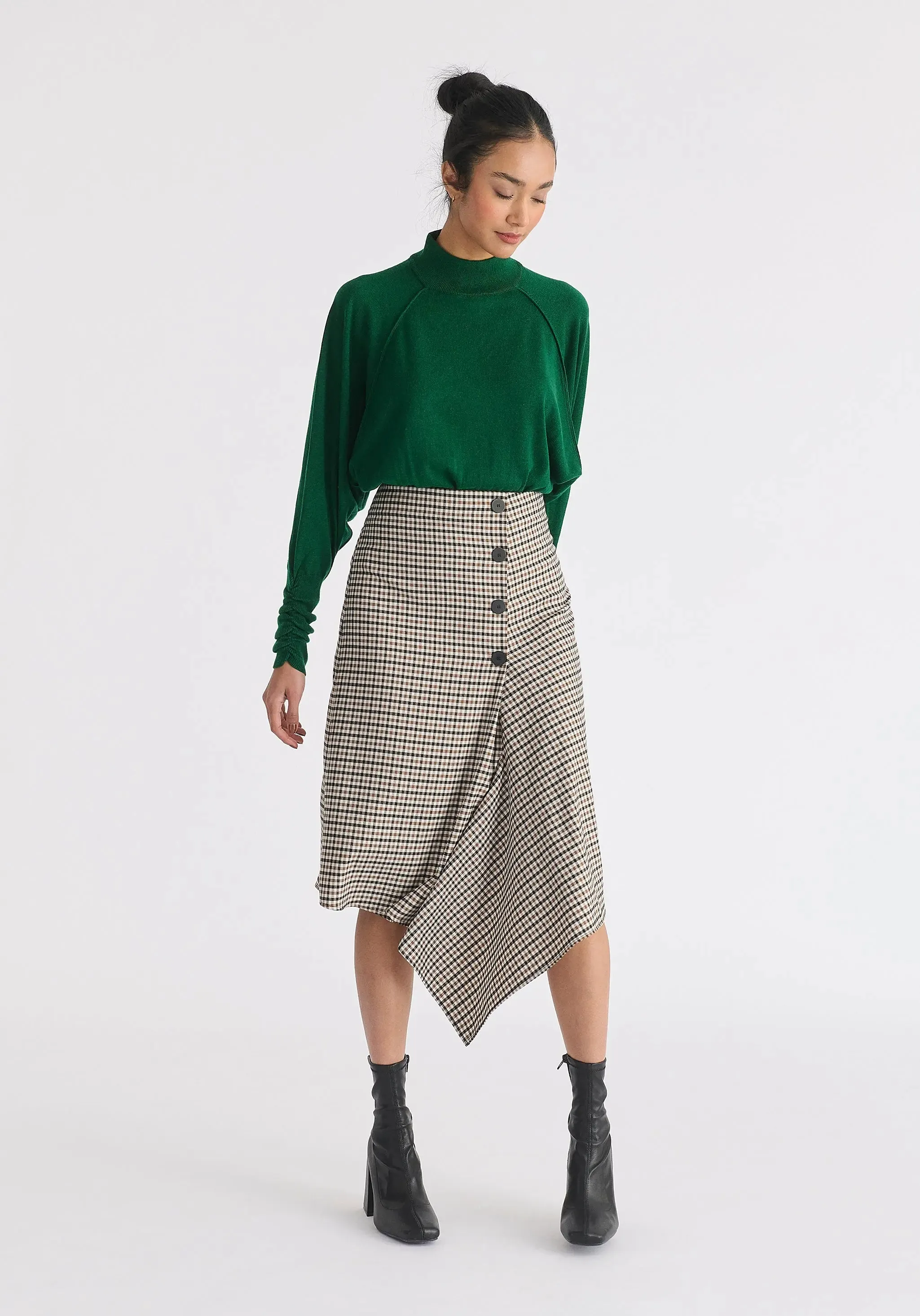 Green Mock Neck Batwing Jumper With Ruched Cuffs