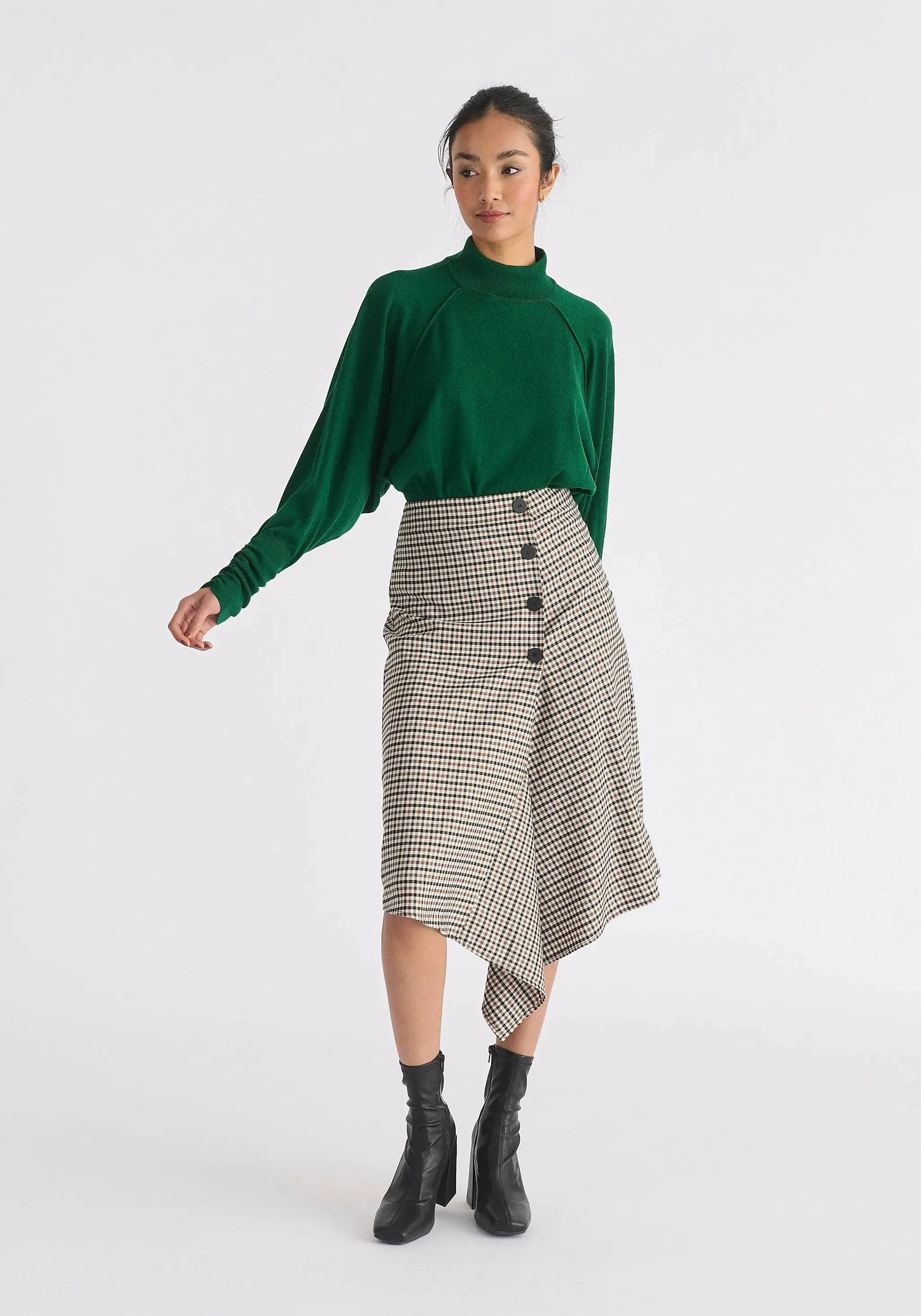 Green Mock Neck Batwing Jumper With Ruched Cuffs
