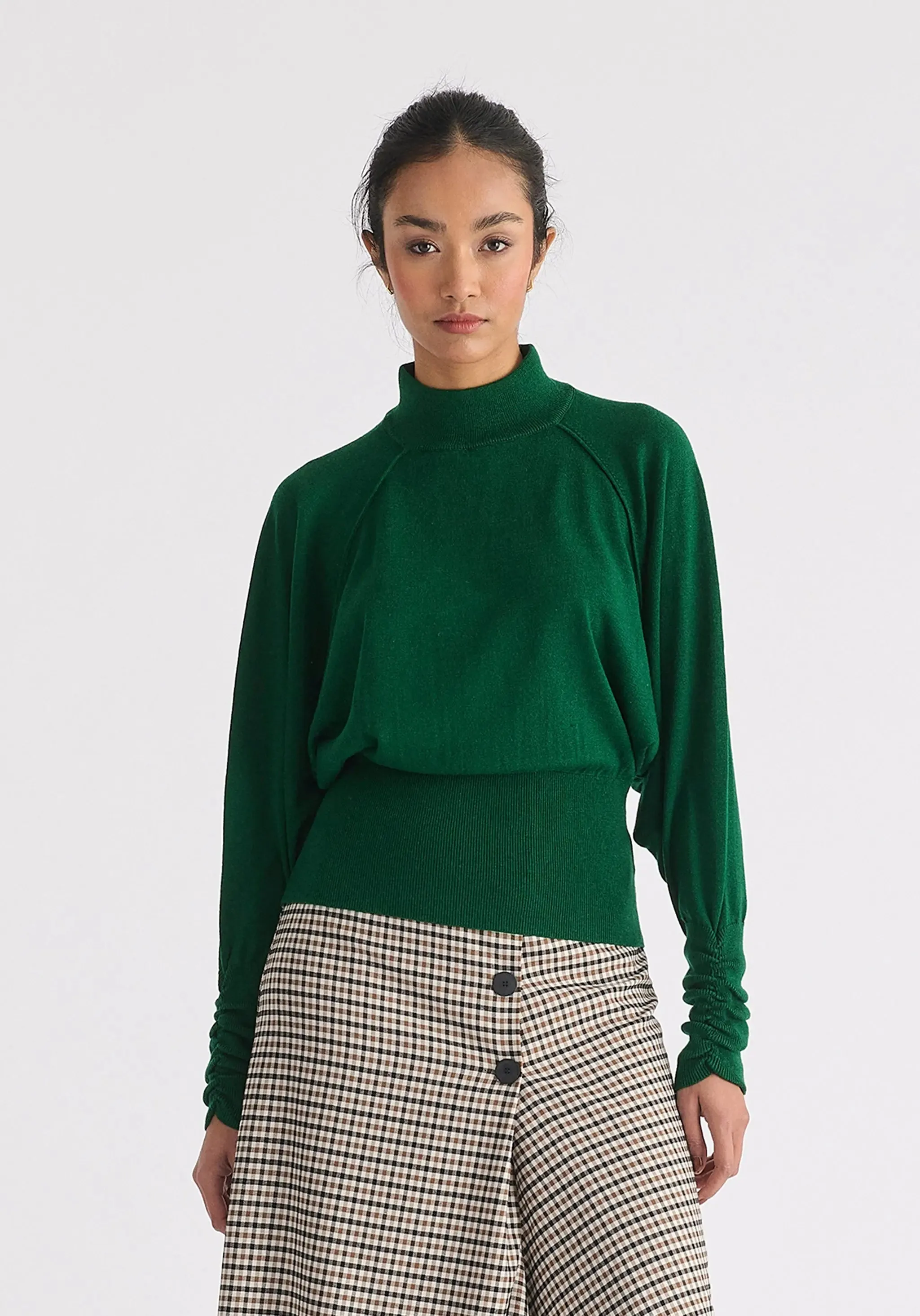Green Mock Neck Batwing Jumper With Ruched Cuffs