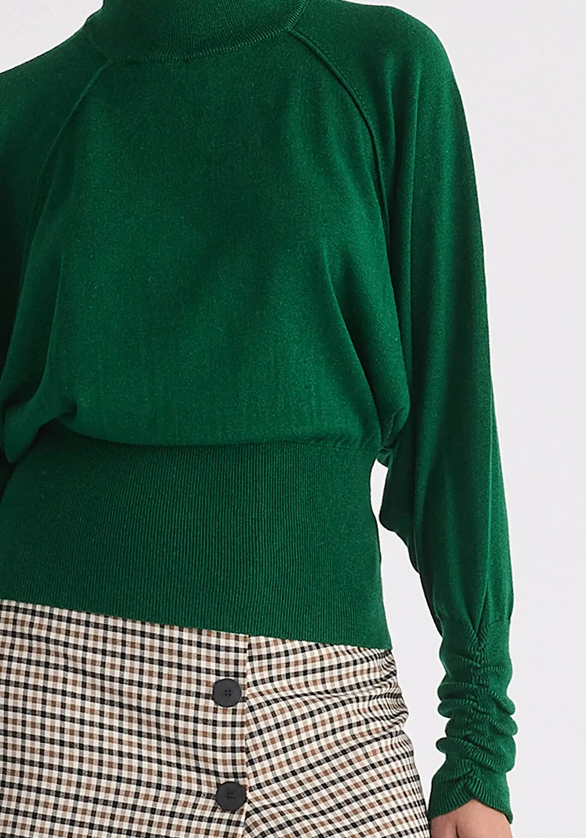 Green Mock Neck Batwing Jumper With Ruched Cuffs