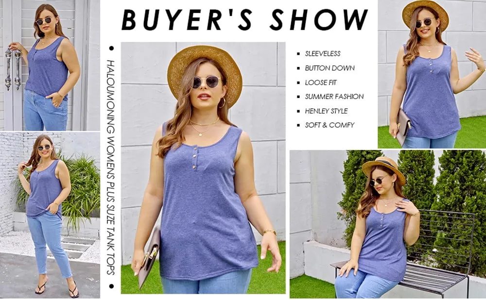 Langwyqu Plus Size Tank Tops for Women Summer Sleeveless Henley T-Shirts Tops