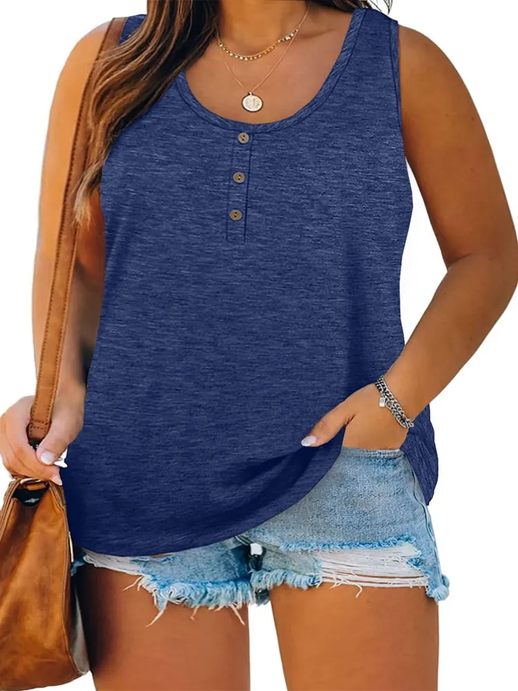 Langwyqu Plus Size Tank Tops for Women Summer Sleeveless Henley T-Shirts Tops