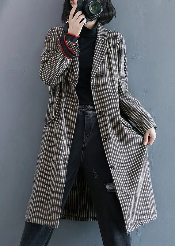 Loose Striped Notched Button Patchwork Cotton Long Coats Fall