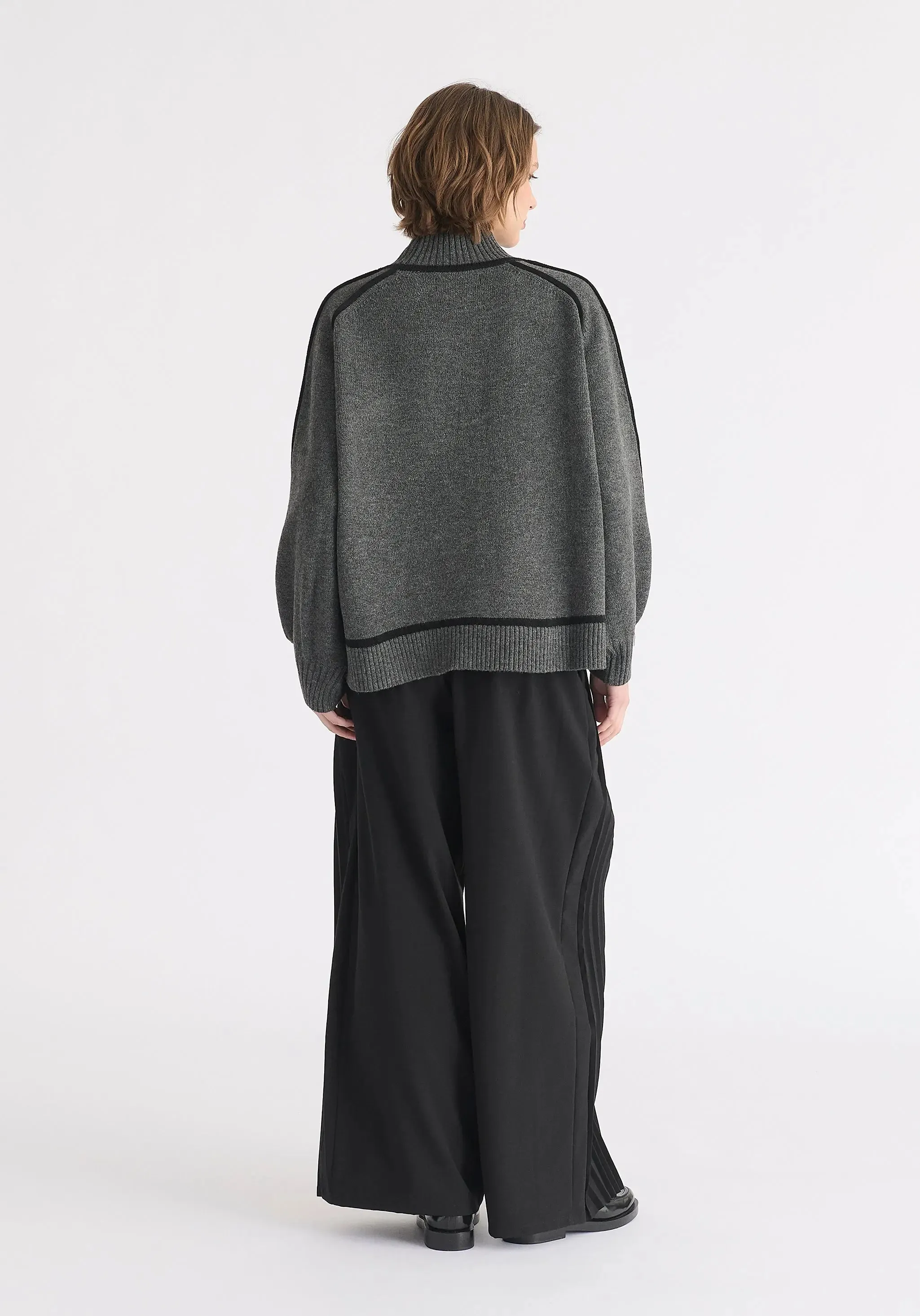Marl Dark Grey and Black Contrast Stripe Piping Mock Neck Jumper