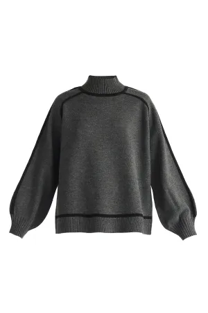 Marl Dark Grey and Black Contrast Stripe Piping Mock Neck Jumper