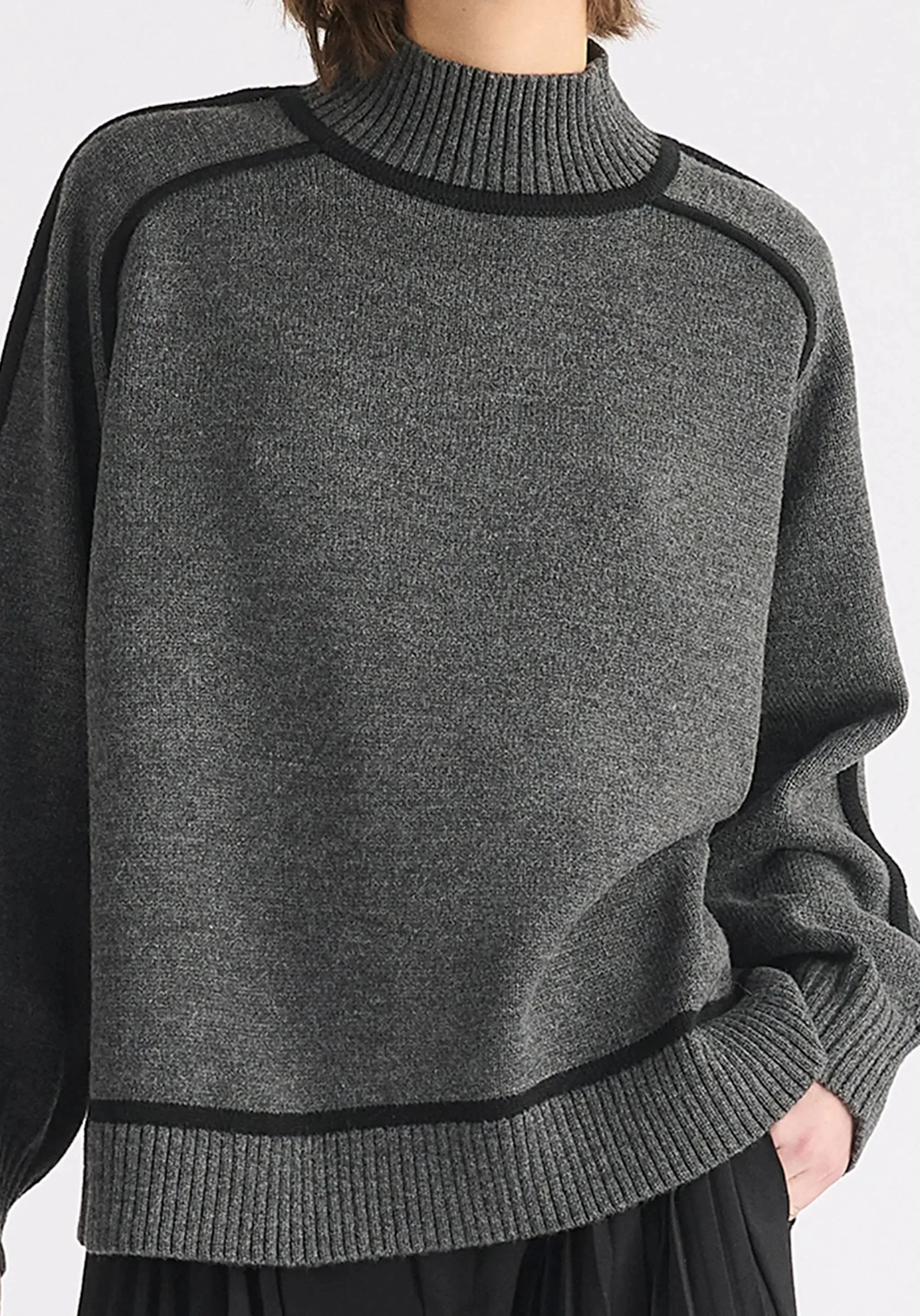 Marl Dark Grey and Black Contrast Stripe Piping Mock Neck Jumper