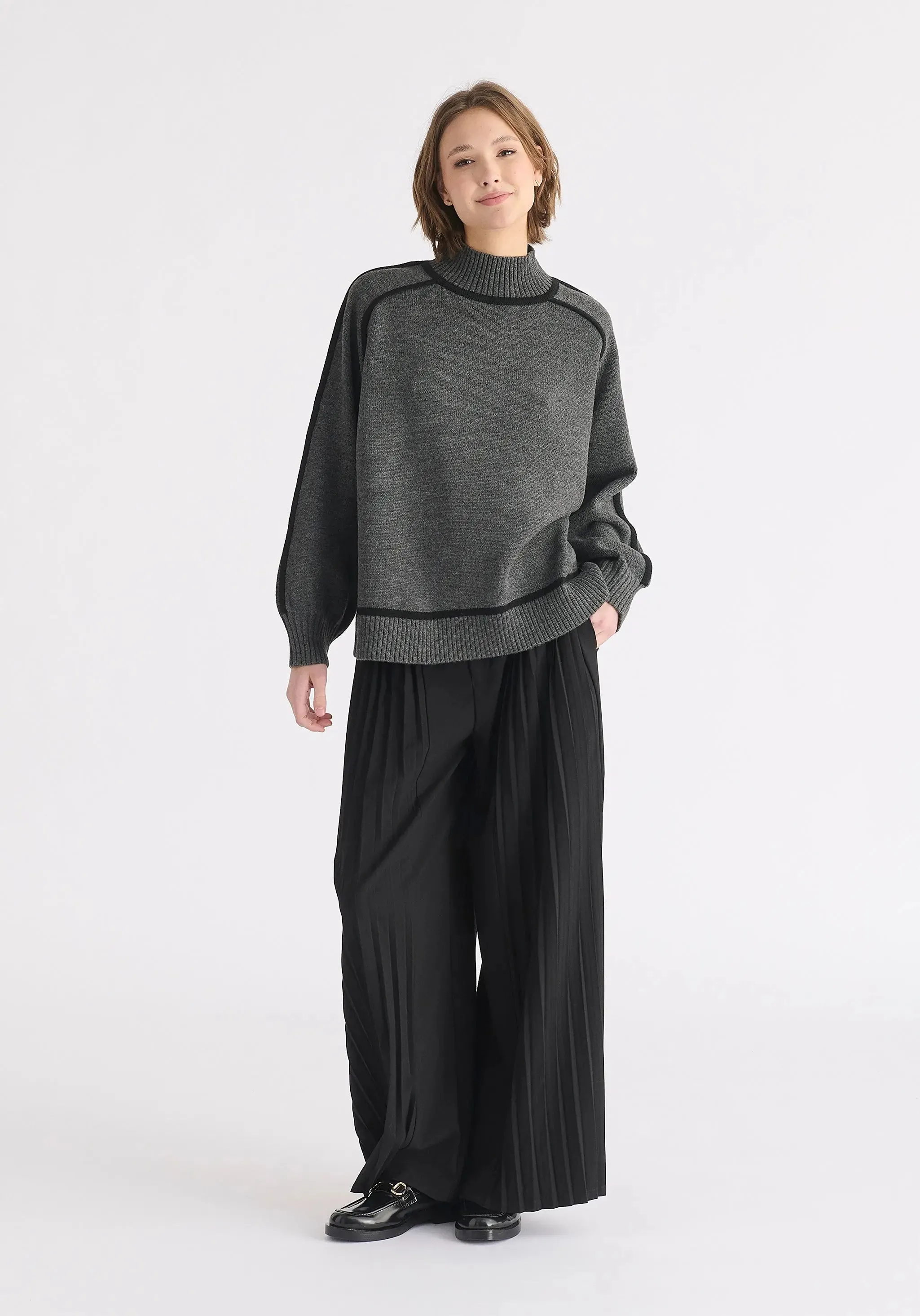 Marl Dark Grey and Black Contrast Stripe Piping Mock Neck Jumper