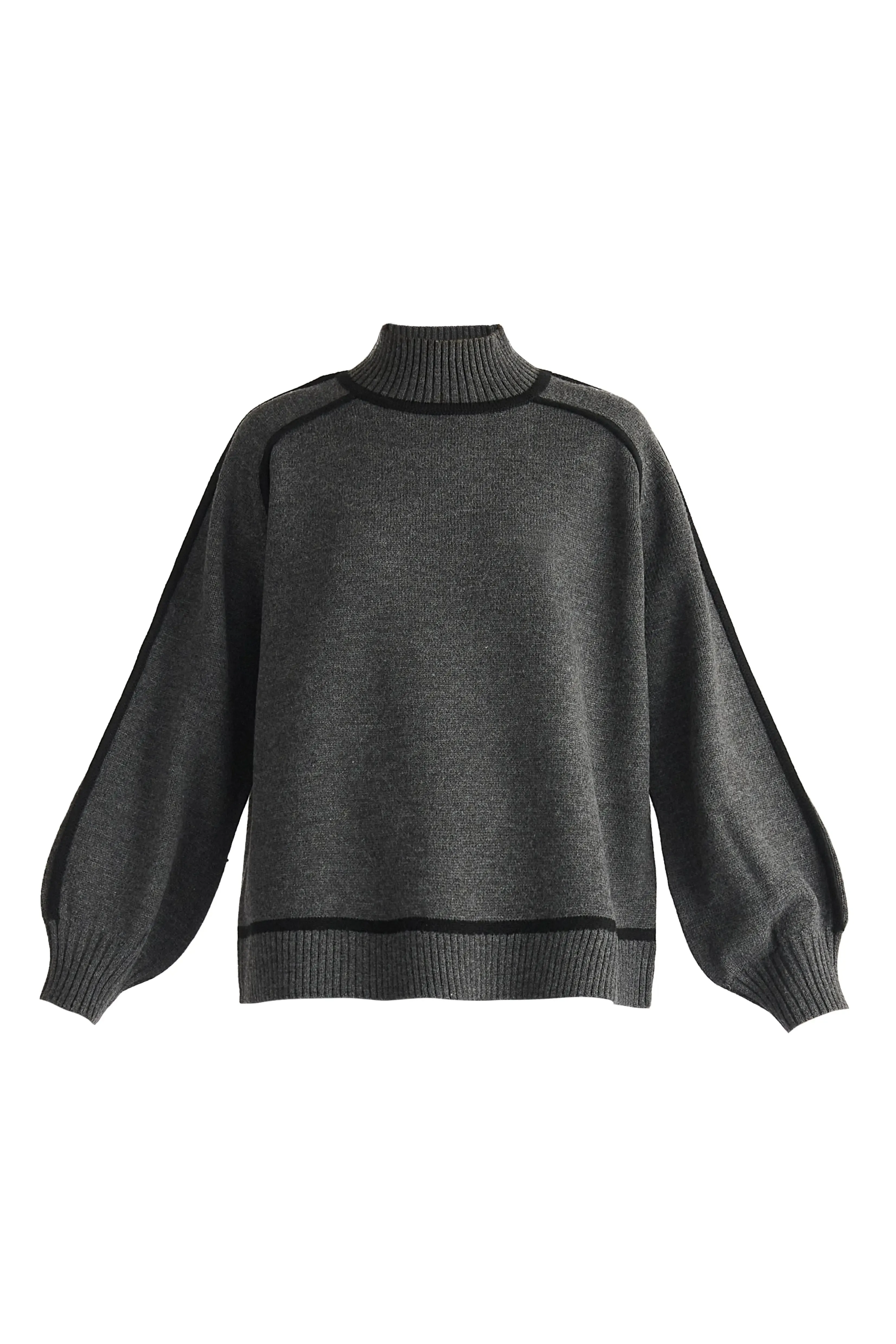 Marl Dark Grey and Black Contrast Stripe Piping Mock Neck Jumper