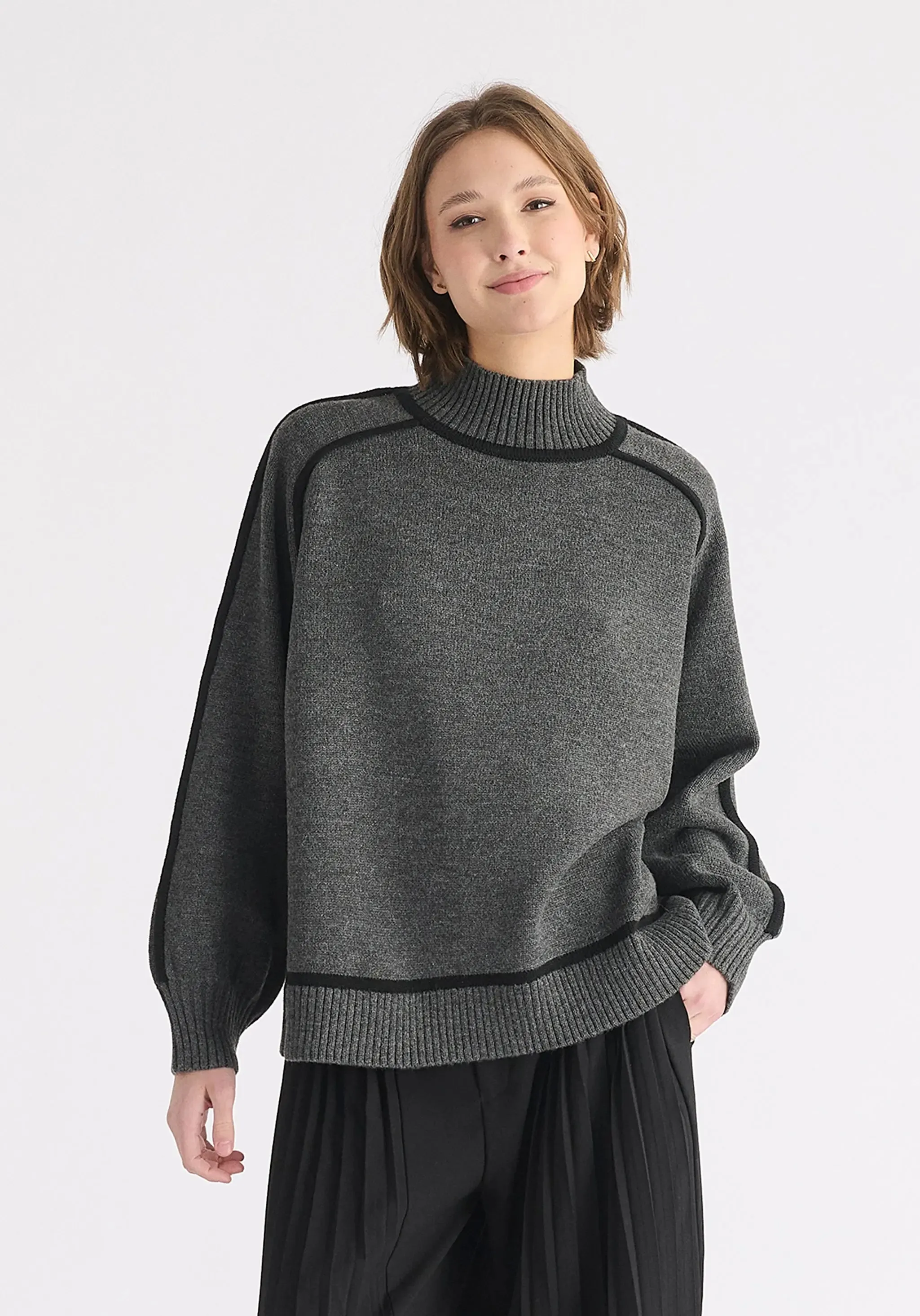 Marl Dark Grey and Black Contrast Stripe Piping Mock Neck Jumper