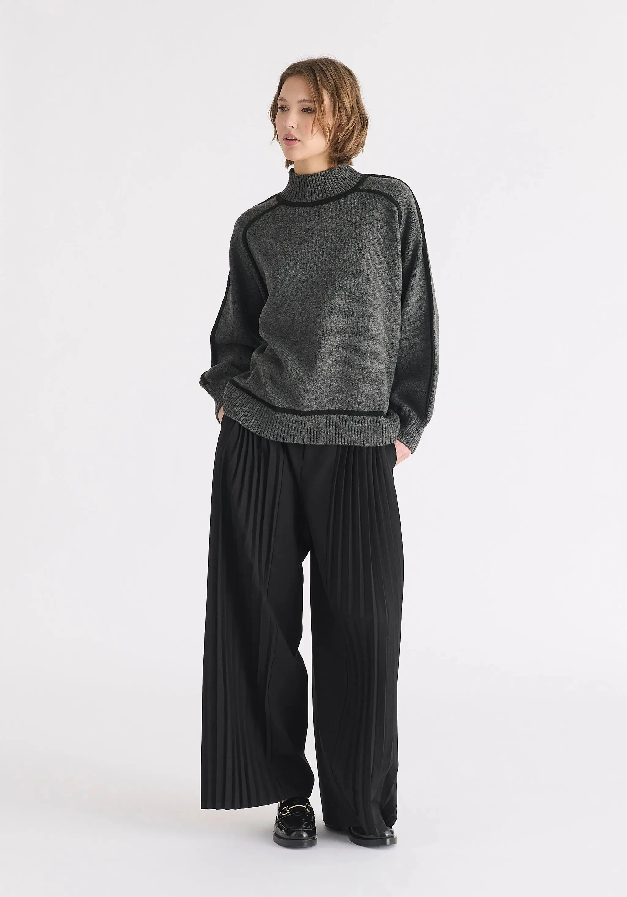 Marl Dark Grey and Black Contrast Stripe Piping Mock Neck Jumper
