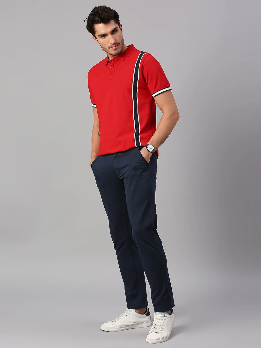 Men's Pure Cotton Striped Half Sleeves Polo T-Shirt (Red)