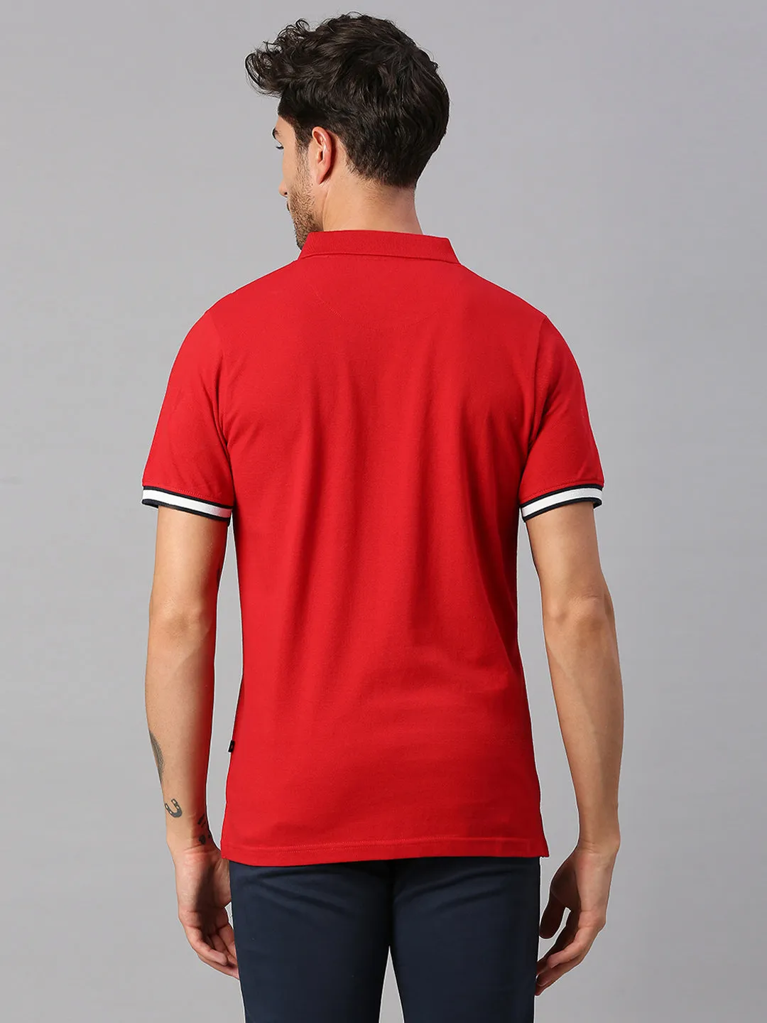Men's Pure Cotton Striped Half Sleeves Polo T-Shirt (Red)