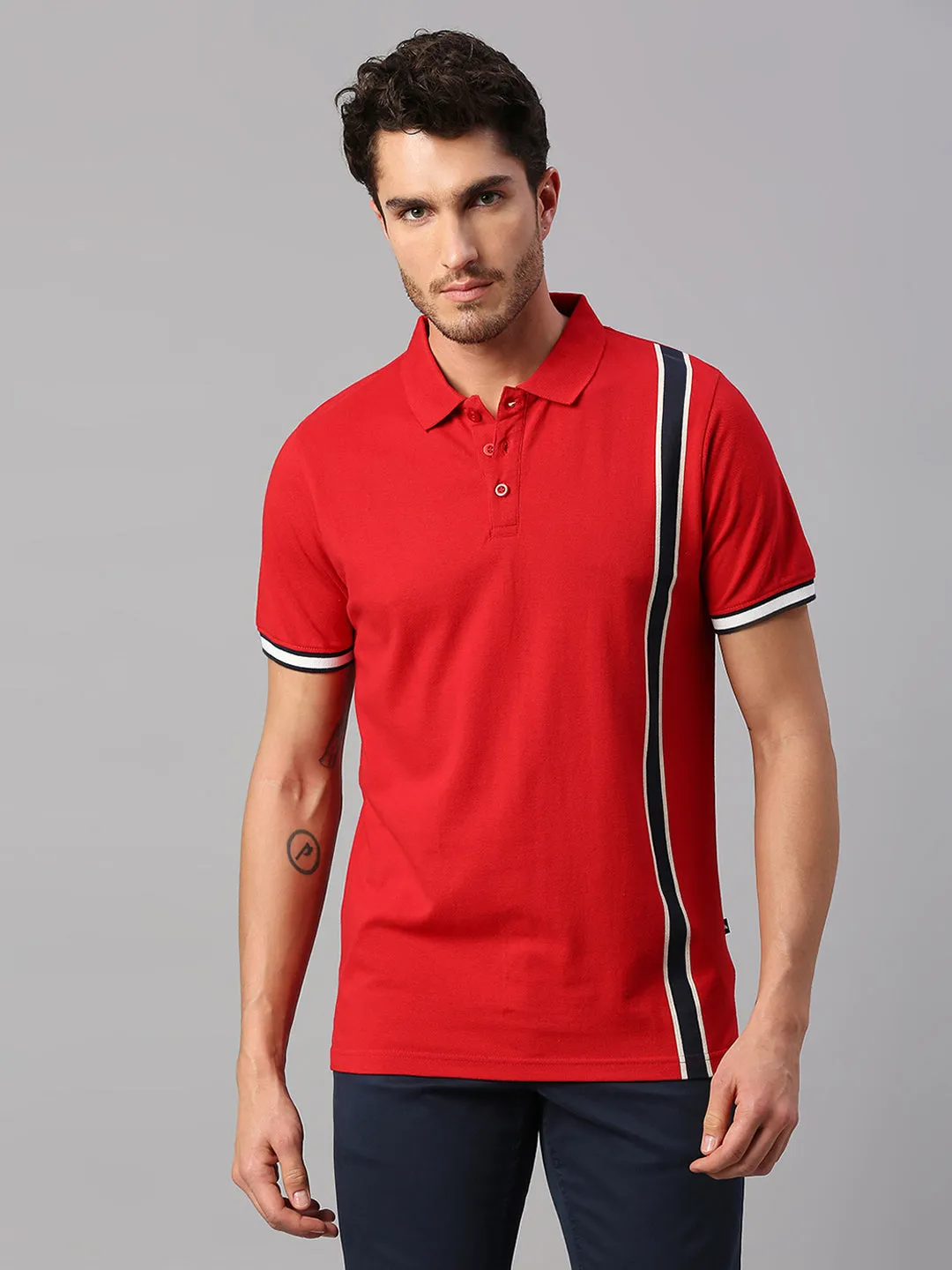 Men's Pure Cotton Striped Half Sleeves Polo T-Shirt (Red)