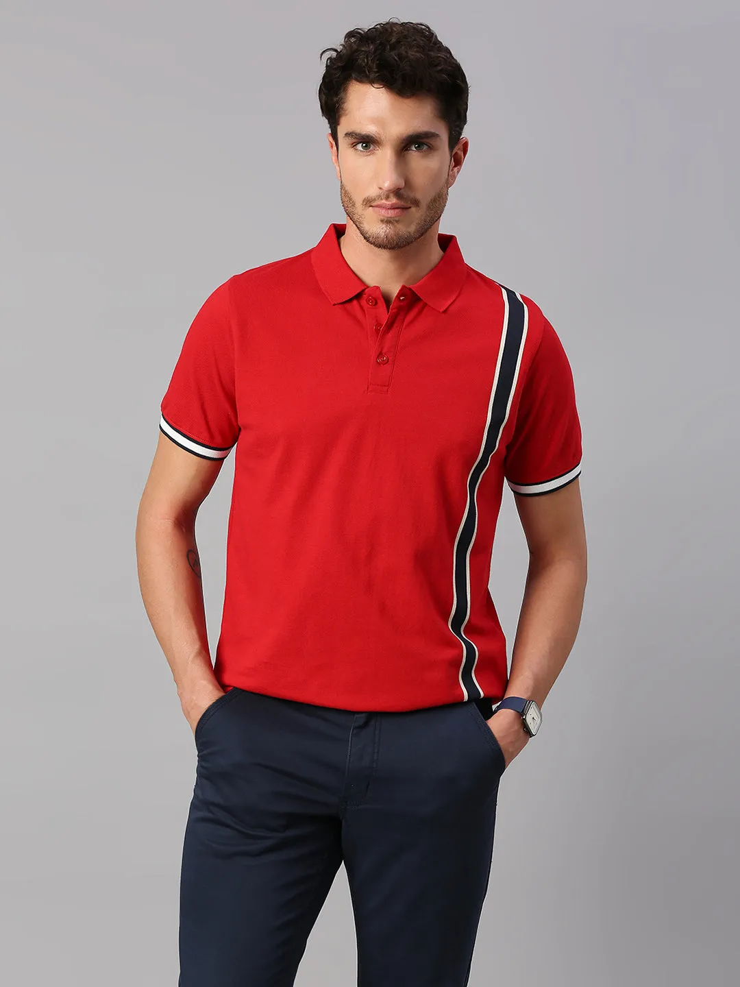 Men's Pure Cotton Striped Half Sleeves Polo T-Shirt (Red)