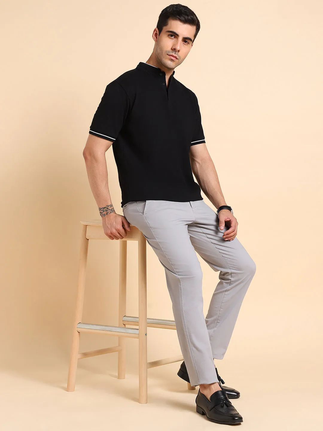 Men's Solid  Black Polo Collar T-shirt