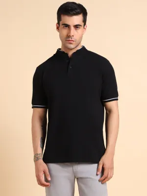 Men's Solid  Black Polo Collar T-shirt