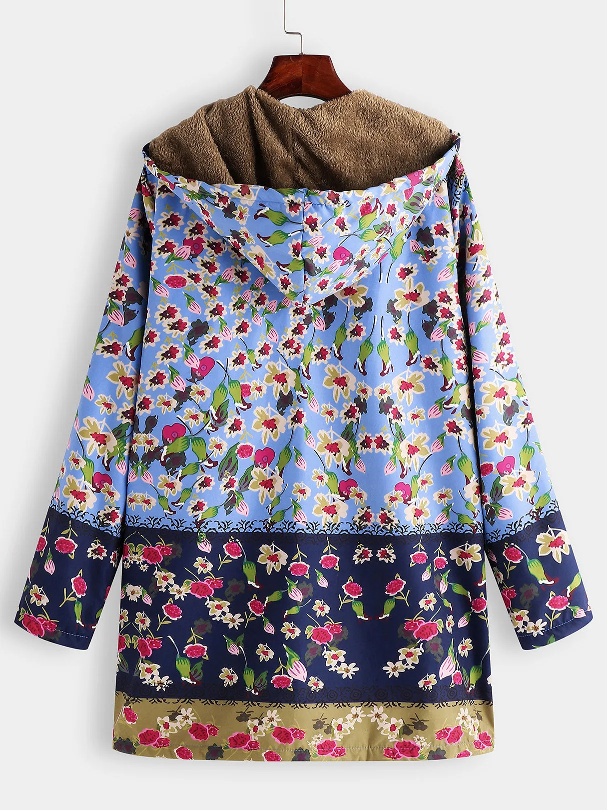 OEM ODM Floral Print Calico Zip Back Side Pockets Hooded Long Sleeve Plus Size Coats & Jackets