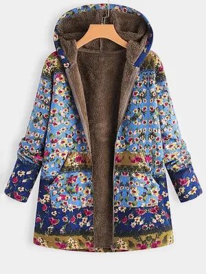 OEM ODM Floral Print Calico Zip Back Side Pockets Hooded Long Sleeve Plus Size Coats & Jackets