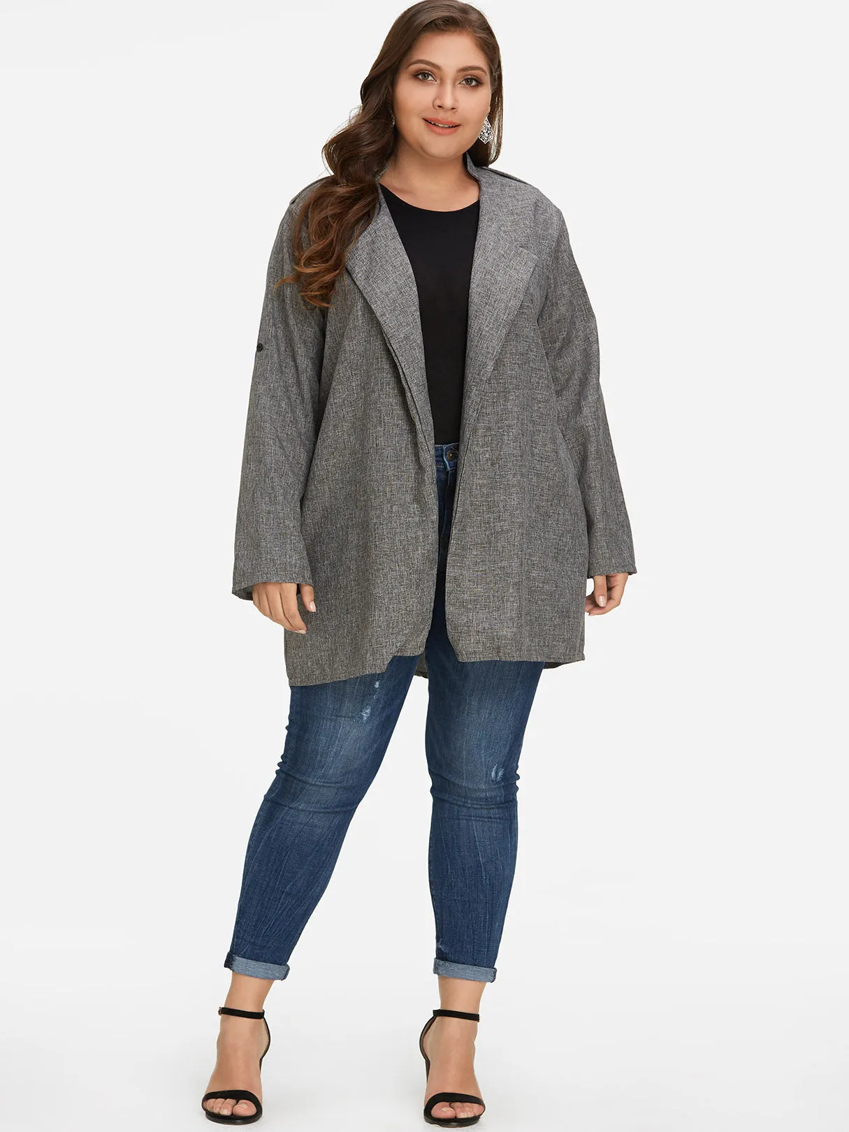 OEM ODM Lapel Collar Plain Long Sleeve Grey Plus Size Coats & Jackets