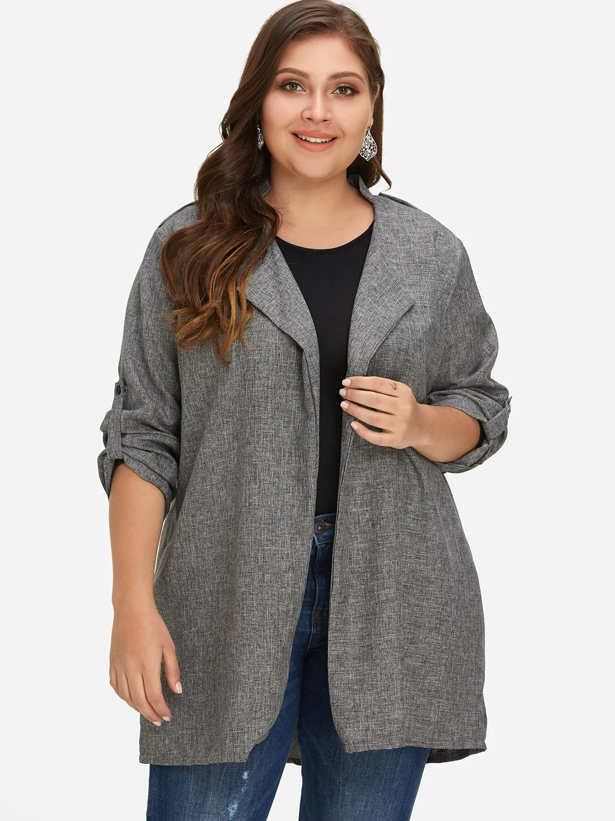 OEM ODM Lapel Collar Plain Long Sleeve Grey Plus Size Coats & Jackets