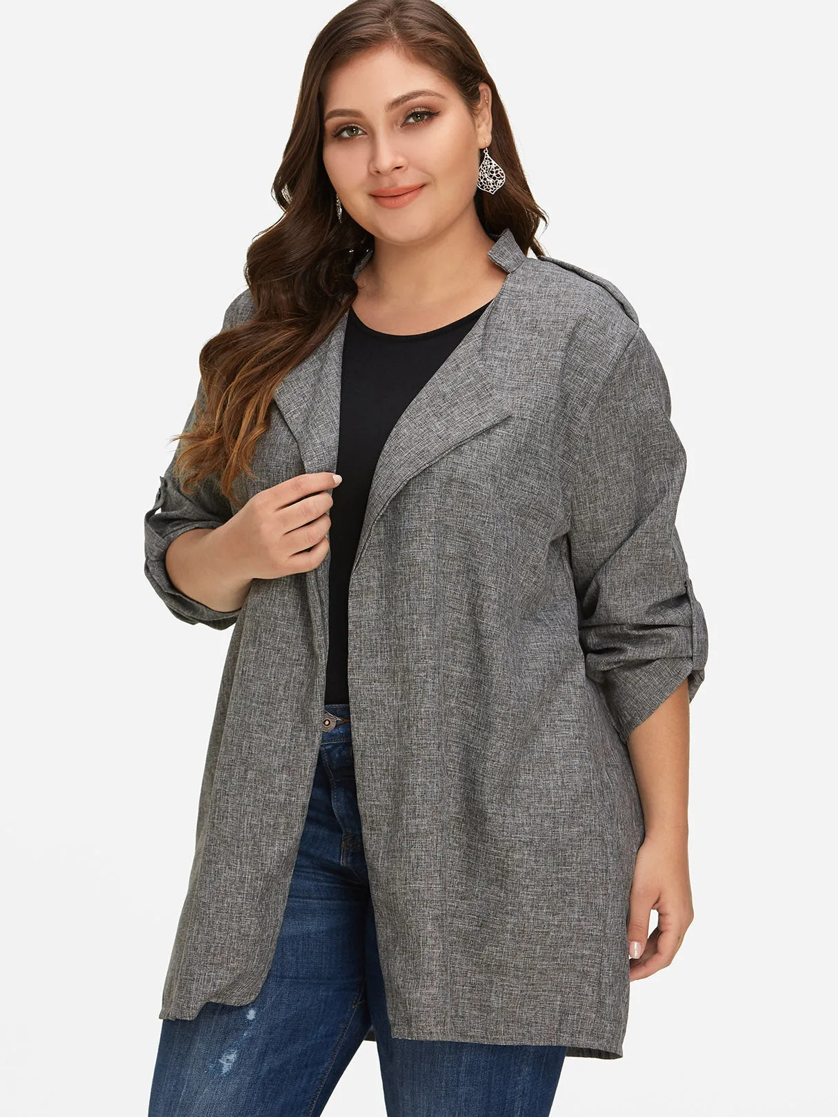 OEM ODM Lapel Collar Plain Long Sleeve Grey Plus Size Coats & Jackets