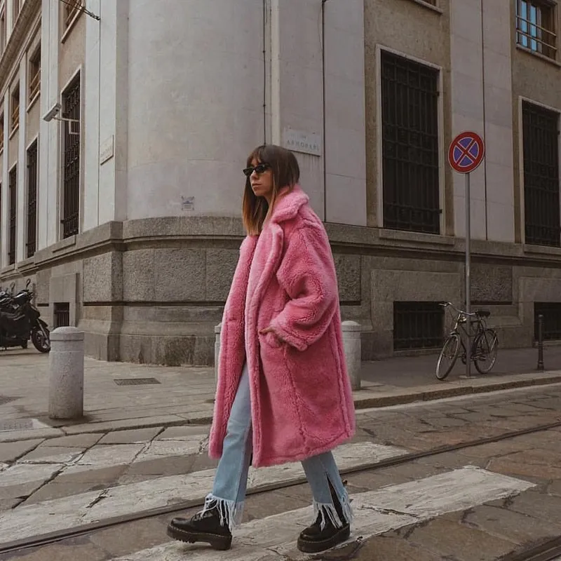 Pink Maxi Faux Fur Coat