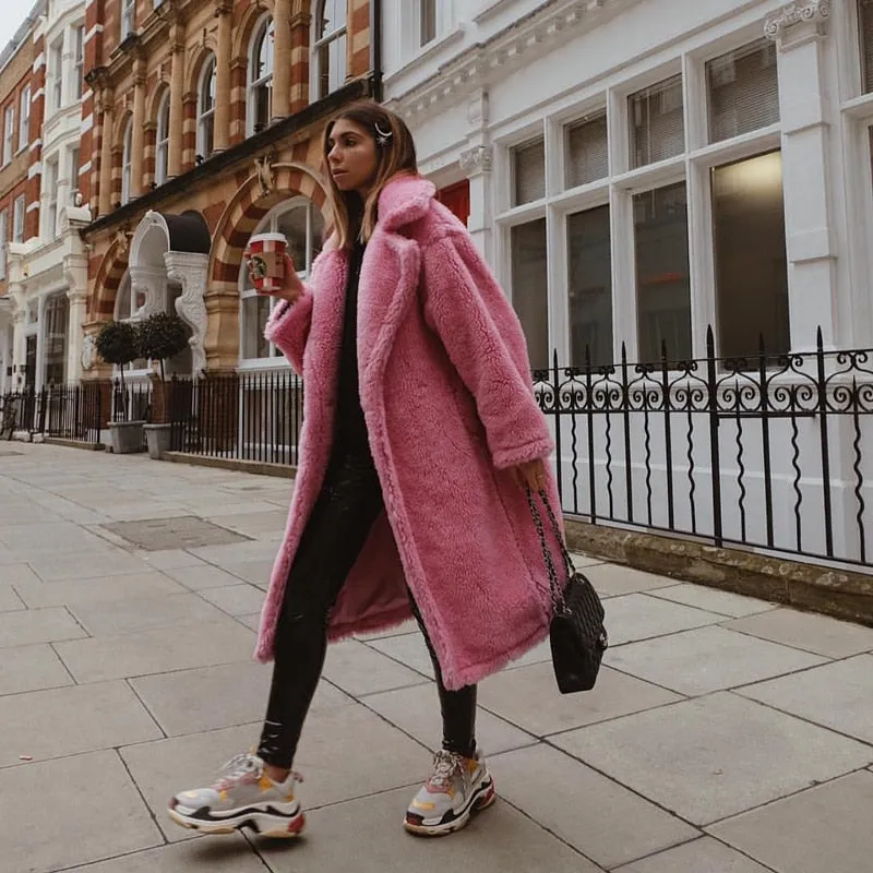 Pink Maxi Faux Fur Coat