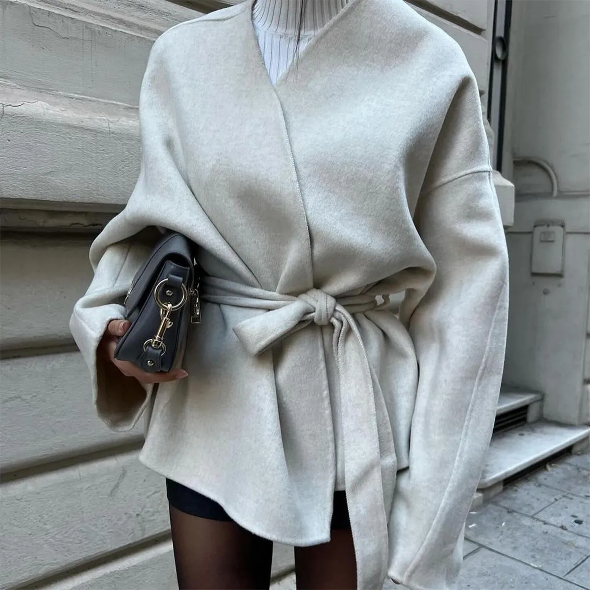 Solid Color Bell Sleeve Belted Trench Coats Wholesale Womens Clothing N3824112000041