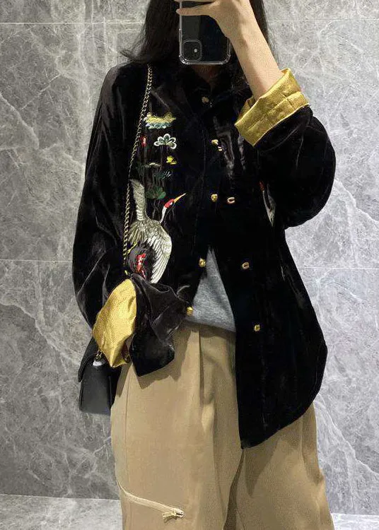 Vintage Black Mandarin Collar Embroideried Velour Coats Long Sleeve