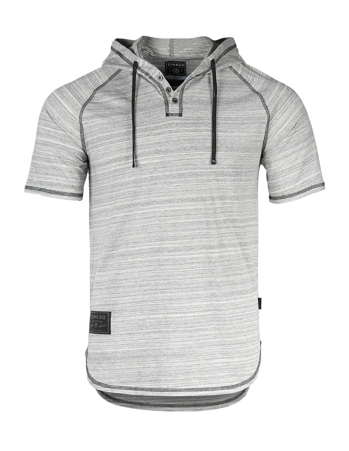 Zimego Short Sleeve Raglan Henley Hoodie Round Bottom Semi Longline T-Shirt