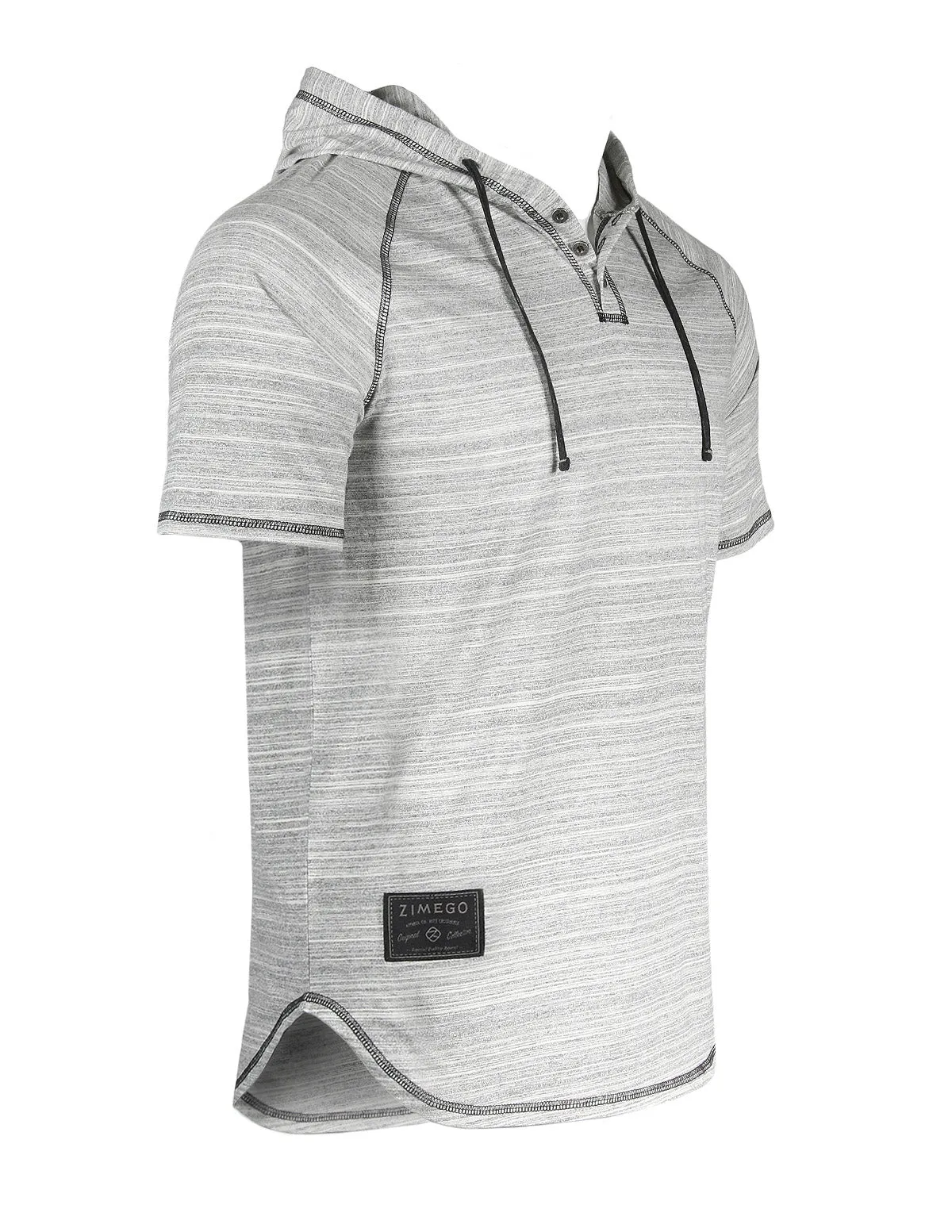 Zimego Short Sleeve Raglan Henley Hoodie Round Bottom Semi Longline T-Shirt